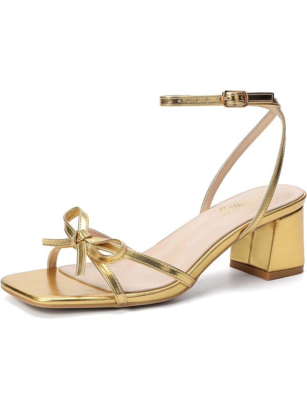 Women's Gold Square Open Toe Bow Strappy Block Chunky Stylish Low Heels Sandal
